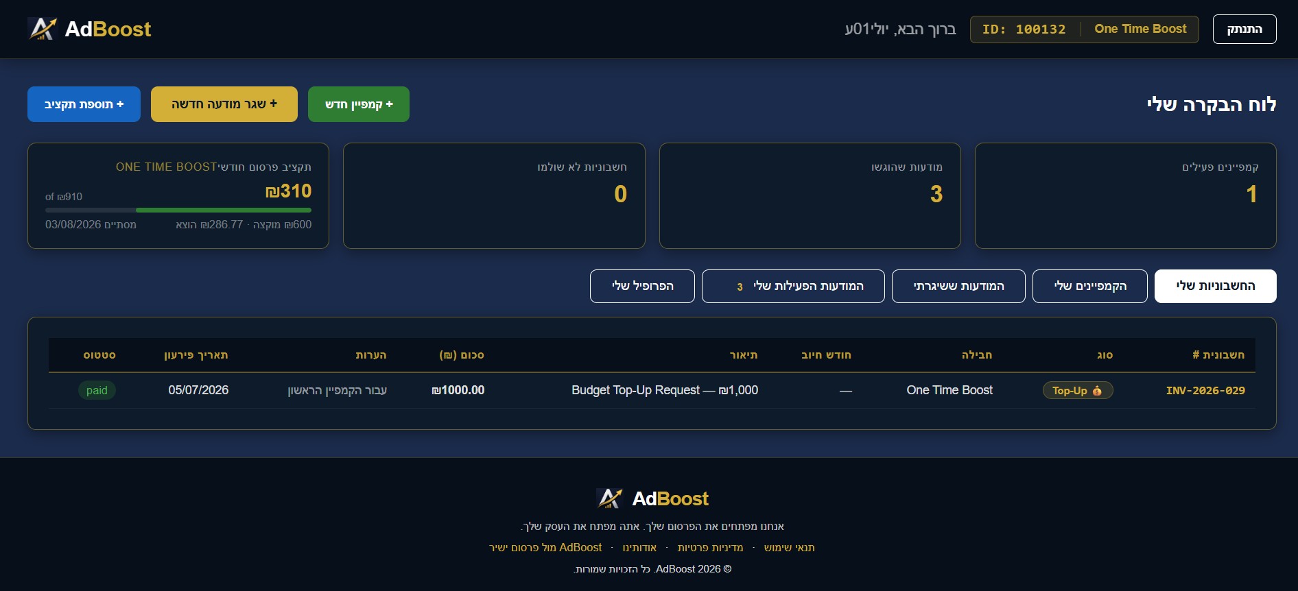 תצוגה מקדימה של לוח הבקרה של AdBoost